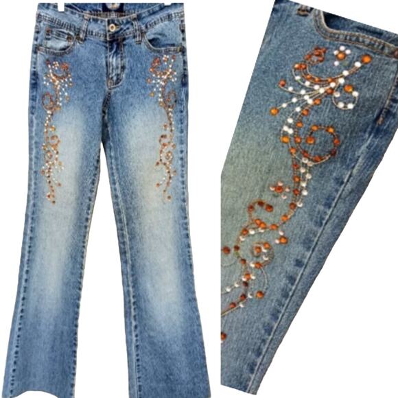 Vntg Angels Jeans Womens JR Sz 7 Blue Flare Crystals Embellished Boho Glam Gypsy - Picture 1 of 16